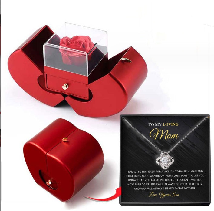 Fashion Jewelry Box Red Apple Necklace Eternal Rose For Girl Mother's Day Valentine's Day Gifts With Artificial Flower Rose Flower Jewelry Box