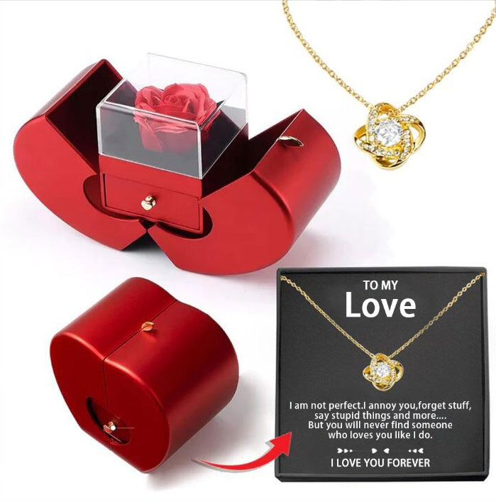 Fashion Jewelry Box Red Apple Necklace Eternal Rose For Girl Mother's Day Valentine's Day Gifts With Artificial Flower Rose Flower Jewelry Box