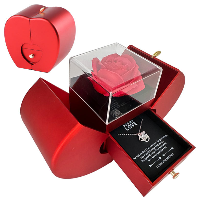 Fashion Jewelry Box Red Apple Necklace Eternal Rose For Girl Mother's Day Valentine's Day Gifts With Artificial Flower Rose Flower Jewelry Box