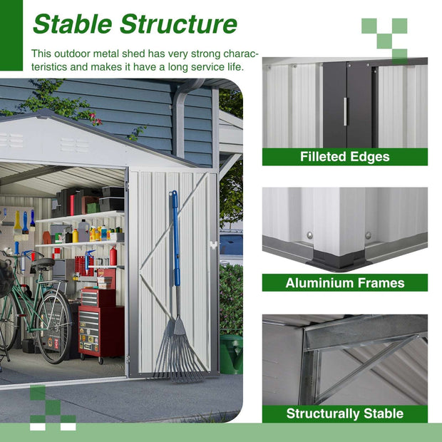 10X8 FT Outdoor Storage Shed, All Weather Metal Sheds With Metal Foundation & Lockable Doors, Tool S