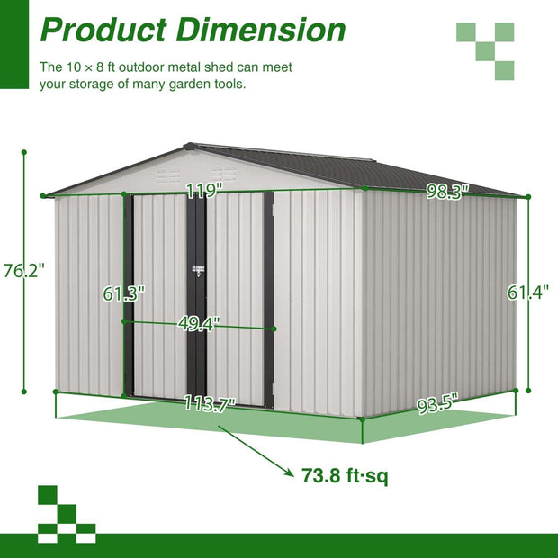 10X8 FT Outdoor Storage Shed, All Weather Metal Sheds With Metal Foundation & Lockable Doors, Tool S