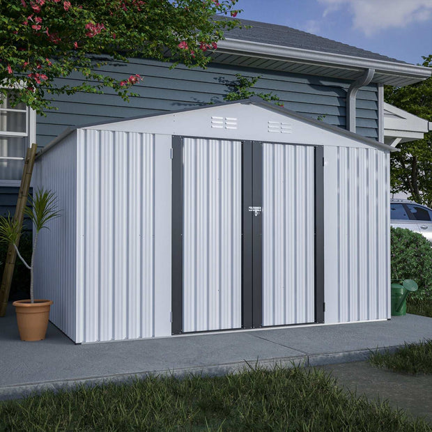 10X8 FT Outdoor Storage Shed, All Weather Metal Sheds With Metal Foundation & Lockable Doors, Tool S