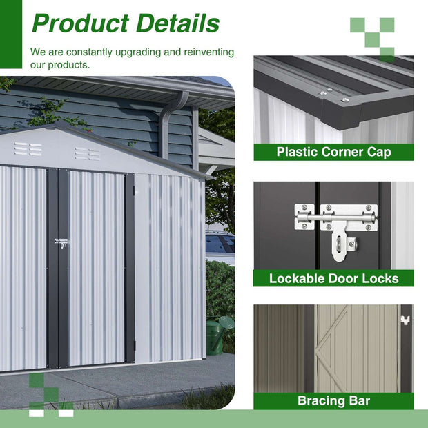 10X8 FT Outdoor Storage Shed, All Weather Metal Sheds With Metal Foundation & Lockable Doors, Tool S