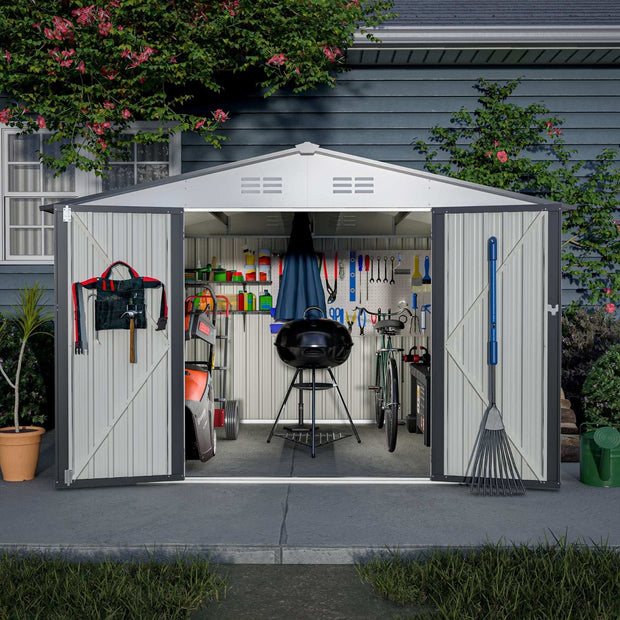 10X8 FT Outdoor Storage Shed, All Weather Metal Sheds With Metal Foundation & Lockable Doors, Tool S