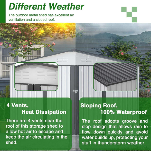 10X8 FT Outdoor Storage Shed, All Weather Metal Sheds With Metal Foundation & Lockable Doors, Tool S