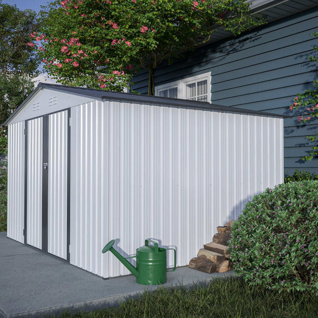 10X8 FT Outdoor Storage Shed, All Weather Metal Sheds With Metal Foundation & Lockable Doors, Tool S