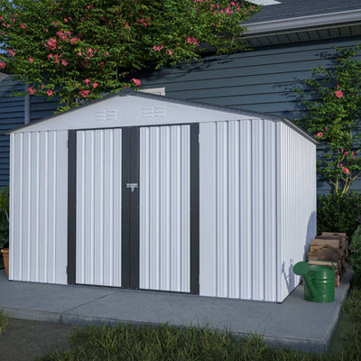 10X8 FT Outdoor Storage Shed, All Weather Metal Sheds With Metal Foundation & Lockable Doors, Tool S