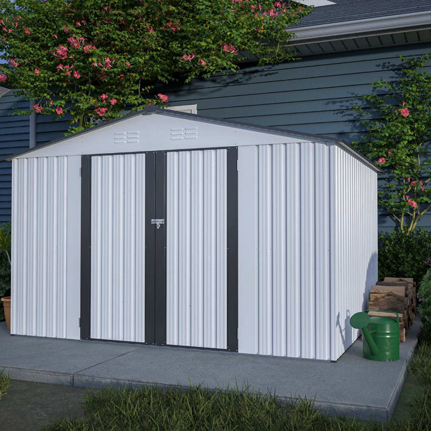 10X8 FT Outdoor Storage Shed, All Weather Metal Sheds With Metal Foundation & Lockable Doors, Tool S
